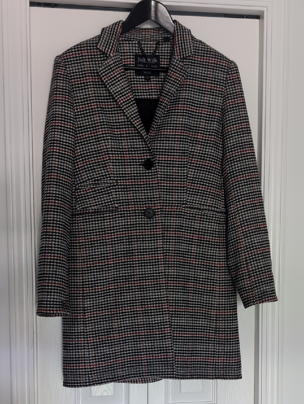 Jack Wills Black & White Houndstooth Peacoat with Subtle Red Thread